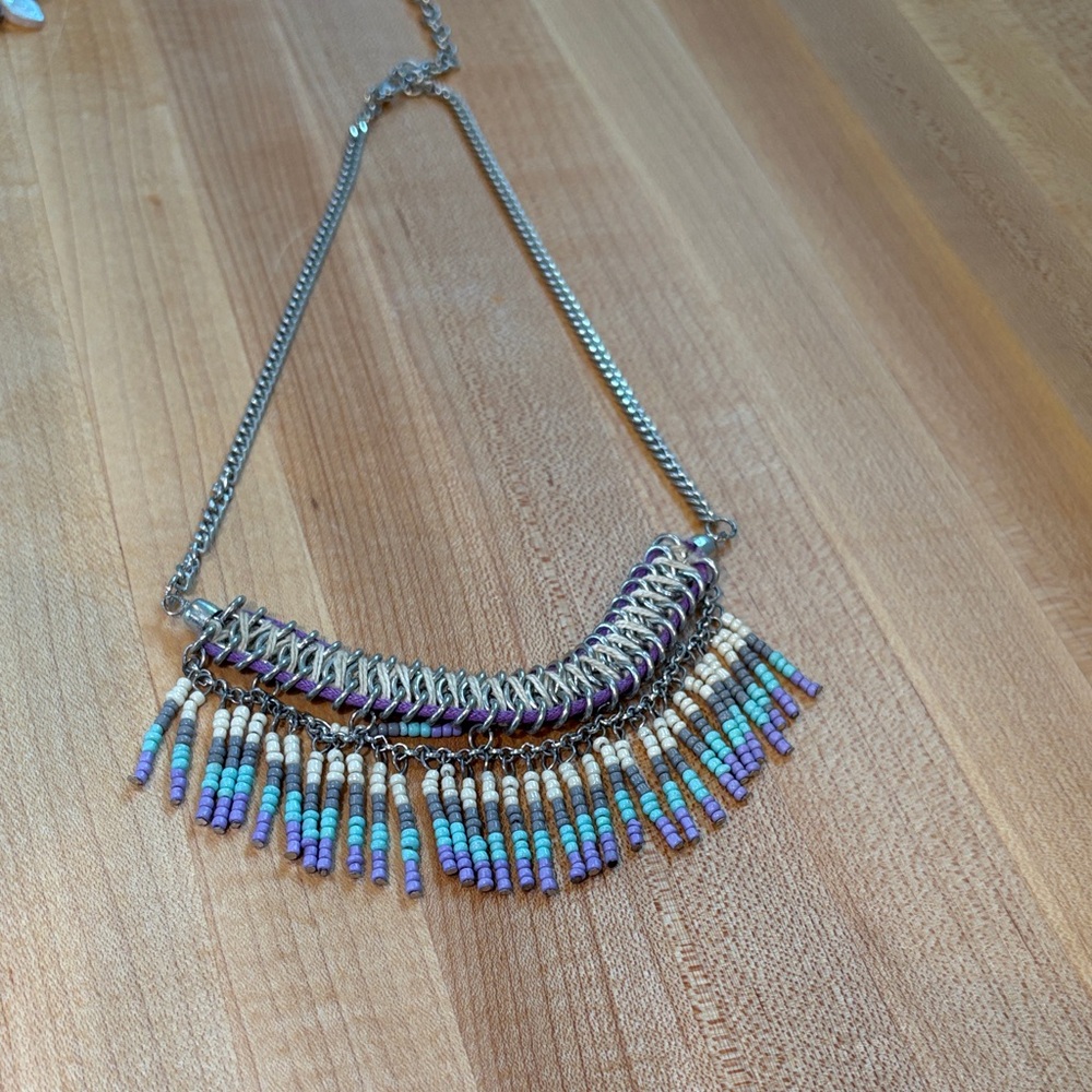 Turquoise & Purple Beaded Fringe Necklace with Silver Chain